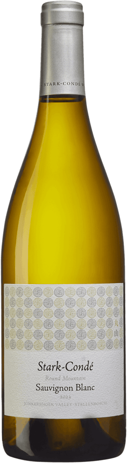 En glasflaska med Stark-Condé Round Mountain Sauvignon Blanc 2024, ett vitt vin från Western Cape i Sydafrika