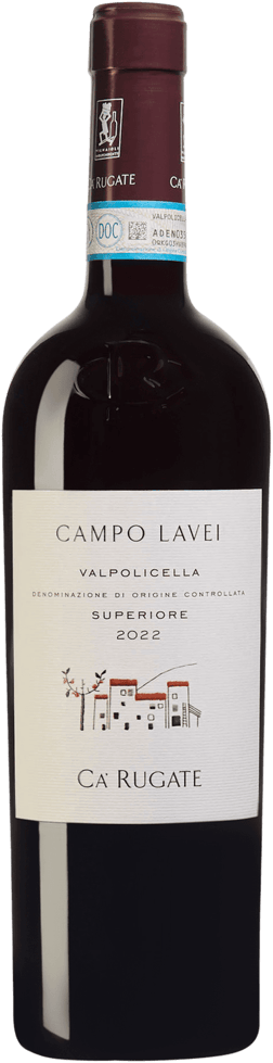 En glasflaska med Ca'Rugate Campo Lavei Valpolicella Superiore 2022, ett rött vin från Venetien i Italien