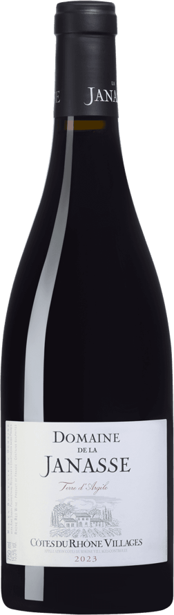 En lättare glasflaska med Domaine de la Janasse Terre d'Argile 2023, ett rött vin från Rhonedalen i Frankrike