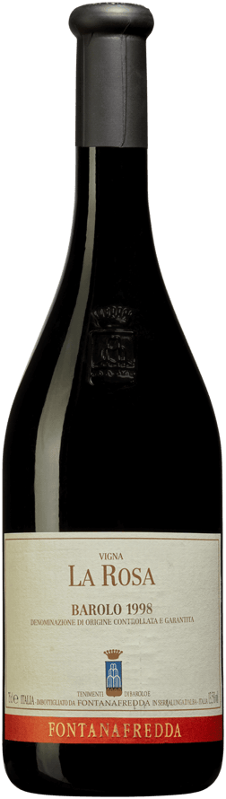 En glasflaska med Fontanafredda Barolo La Rosa 1998, ett rött vin från Piemonte i Italien