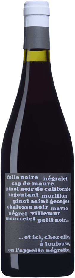 En glasflaska med Château Coutinel On L’appelle Négrette Fronton Rouge 2023, ett rött vin från Frankrike sydväst i Frankrike