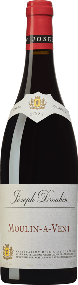 En glasflaska med Joseph Drouhin Moulin-A-Vent 2022, ett rött vin från Bourgogne i Frankrike