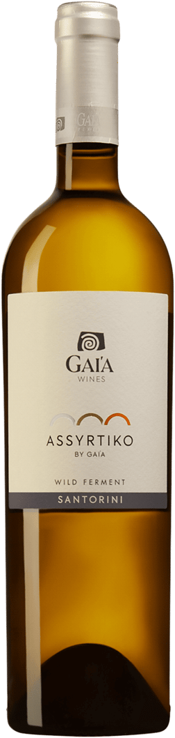 En glasflaska med Assyrtiko by Gaia Wild Ferment 2022, ett vitt vin från Kykladerna i Grekland