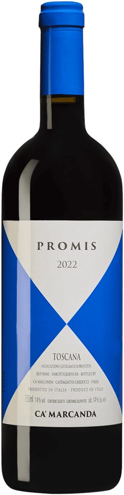 En glasflaska med Gaja Ca'Marcanda Promis 2022, ett rött vin från Toscana i Italien