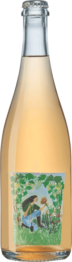 En glasflaska med Omaggio Pet Nat Syrah Rosé 2023, en rosévin från Argentina