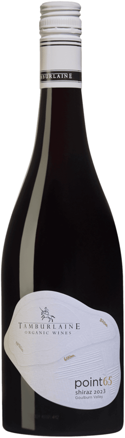 En glasflaska med Tamburlaine Organic Wines Point 65 Goulburn Valley Shiraz 2022, ett rött vin från Victoria i Australien