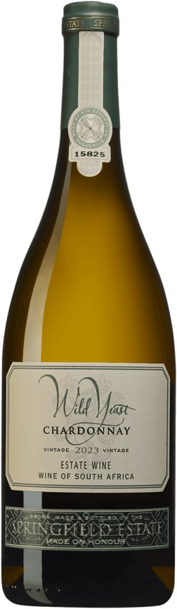 En lättare glasflaska med Springfield Estate Wild Yeast Chardonnay 2023, ett vitt vin från Western Cape i Sydafrika