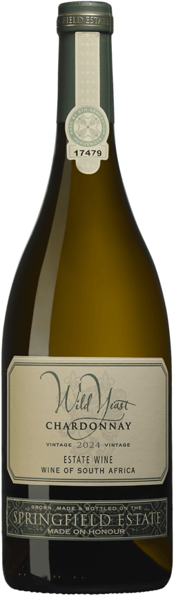 En lättare glasflaska med Springfield Estate Wild Yeast Chardonnay 2024, ett vitt vin från Western Cape i Sydafrika