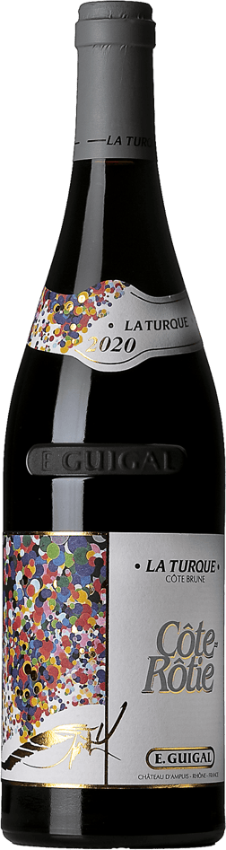 En glasflaska med E. Guigal Côte Rôtie La Turque 2020, ett rött vin från Rhonedalen i Frankrike