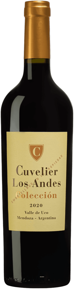 En glasflaska med Cuvelier los Andes Colecciòn 2020, ett rött vin från Cuyo i Argentina
