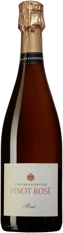 En glasflaska med Franz Keller Kaiserstuhl Pinot Rosé Brut 2019, en mousserande från Tyskland