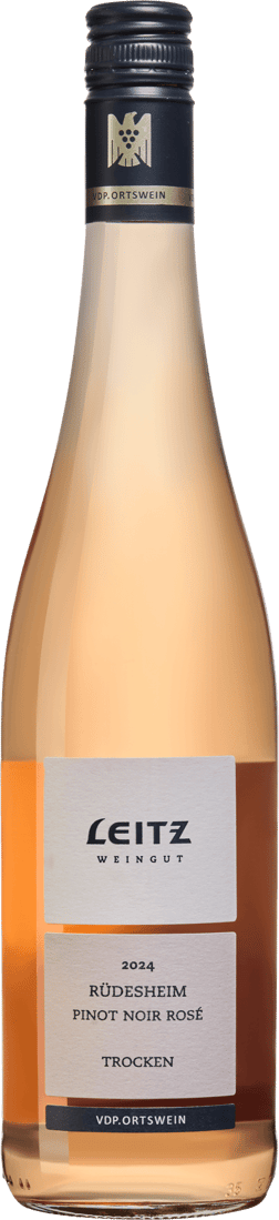 En lättare glasflaska med Leitz Rüdesheim Pinot Noir Rosé 2024, en rosévin från Rheingau i Tyskland