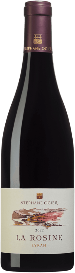 En glasflaska med Stéphane Ogier La Rosine Syrah 2022, ett rött vin från Frankrike