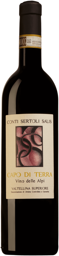 En lättare glasflaska med Conti Sertoli Salis Capo di Terra Valtellina Superiore 2018, ett rött vin från Lombardiet i Italien