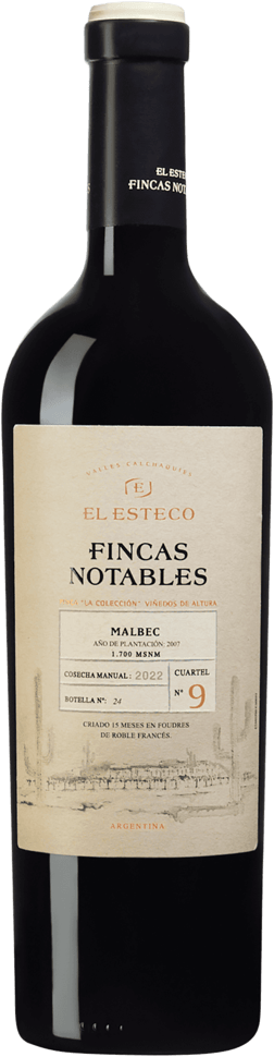 En glasflaska med El Esteco Finca Notables Malbec 2021, ett rött vin från North i Argentina