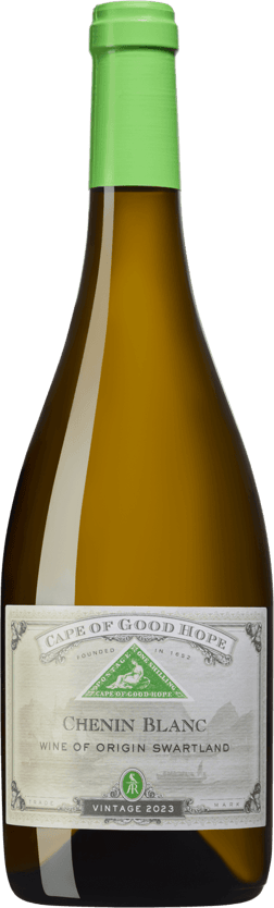 En glasflaska med Anthonij Rupert Wyne Cape of Good Hope Swartland Chenin Blanc 2023, ett vitt vin från Western Cape i Sydafrika