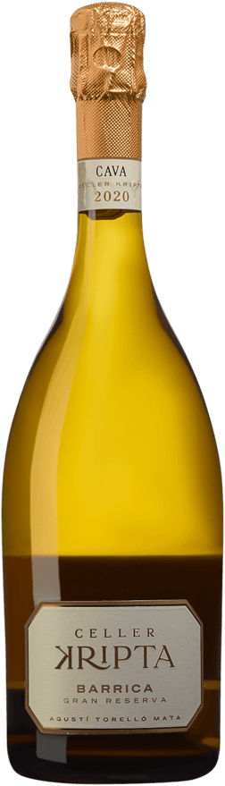 En glasflaska med Celler Kripta Barrica Gran Reserva 2020, en mousserande från Cava i Spanien