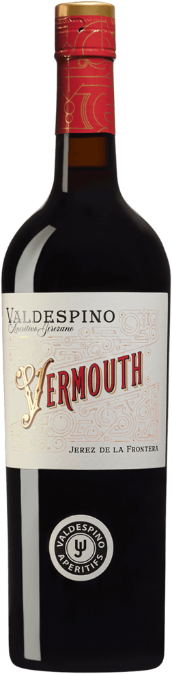 En glasflaska med Valdespino Vermouth, en vermouth från Spanien