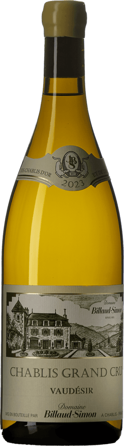 En glasflaska med Billaud-Simon Grand Cru Vaudésir 2023, ett vitt vin från Bourgogne i Frankrike