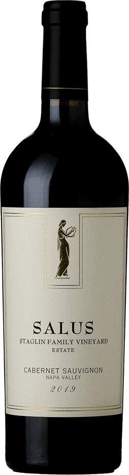 En glasflaska med Staglin Family Salus Cabernet Sauvignon 2019, ett rött vin från Kalifornien i USA