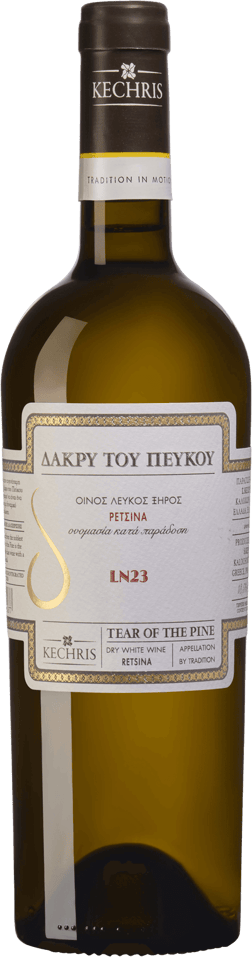 En glasflaska med S. Kechri & Co Tear Of The Pine Retsina 2023, ett vitt vin från Makedonien i Grekland