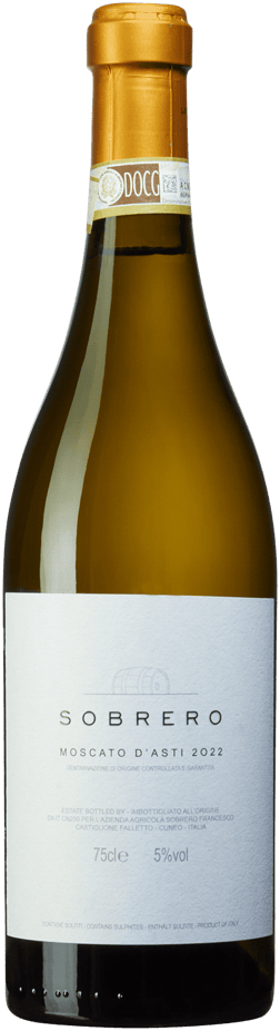 En glasflaska med Sobrero Moscato d´Asti DOCG 2023, ett vitt vin från Piemonte i Italien