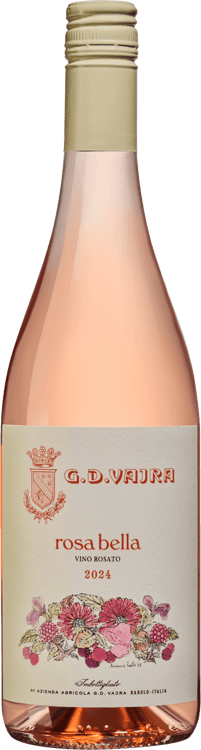 En glasflaska med G.D Vajra Rosabella, en rosévin från Italien