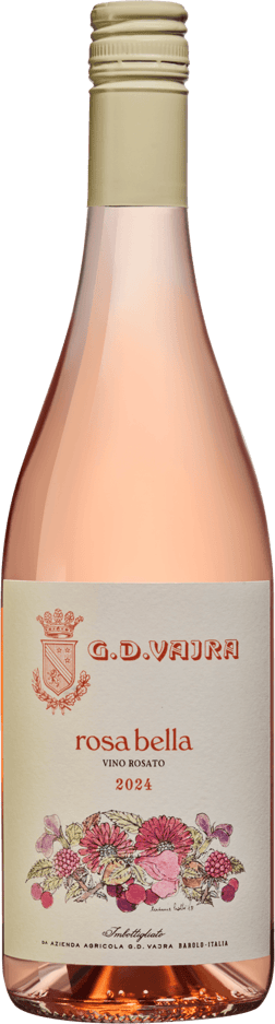 En glasflaska med G.D. Vajra Rosabella Rosato 2024, en rosévin från Italien