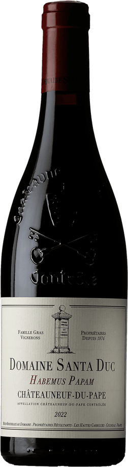 En glasflaska med Domaine Santa Duc Habemus Papam 2022, ett rött vin från Rhonedalen i Frankrike