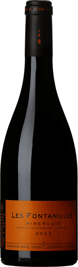 En glasflaska med Anne Gros & Jean-Paul Tollot Les Fontanilles 2023, ett rött vin från Languedoc-Roussillon i Frankrike