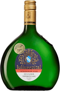 En glasflaska med Juliusspital Würzburger Stein Silvaner Erste Lage 2023, ett vitt vin från Franken i Tyskland