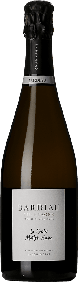 En glasflaska med Champagne Bardiau La Croix Maître Anne, ett champagne från Champagne i Frankrike