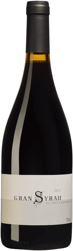 En glasflaska med Las Moras Gran Syrah 2022, ett rött vin från Cuyo i Argentina