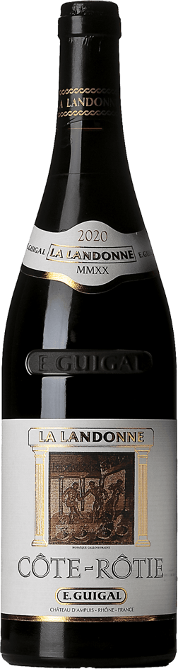 En glasflaska med E. Guigal Côte Rôtie La Landonne 2020, ett rött vin från Rhonedalen i Frankrike