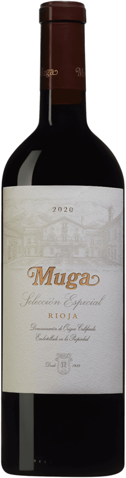 En glasflaska med Muga Reserva Selección Especial 2020, ett rött vin från Rioja i Spanien