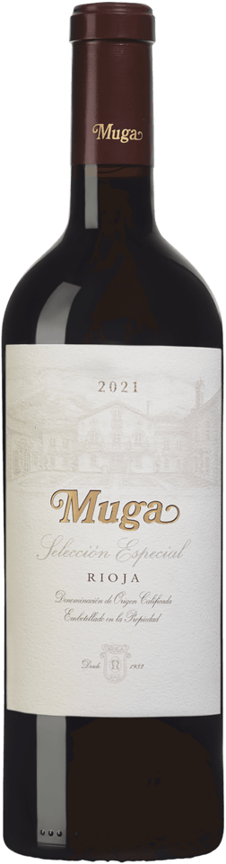 En glasflaska med Muga Reserva Selección Especial 2020, ett rött vin från Rioja i Spanien