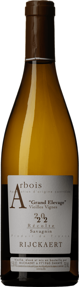 En glasflaska med Maison Rijckaert Grand Elevage Savagnin 2022, ett vitt vin från Jura i Frankrike