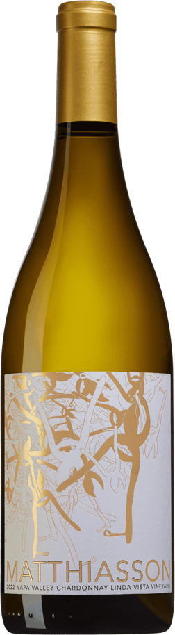 En glasflaska med Matthiasson Linda Vista Chardonnay 2022, ett vitt vin från Kalifornien i USA