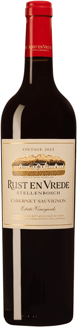 En glasflaska med Rust en Vrede Estate Vineyards Cabernet Sauvignon 2023, ett rött vin från Western Cape i Sydafrika