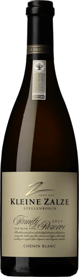 En glasflaska med Kleine Zalze Family Reserve Chenin Blanc 2023, ett vitt vin från Western Cape i Sydafrika