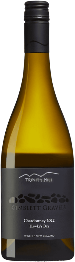 En glasflaska med Trinity Hill Gimblett Gravels Chardonnay 2022 , ett vitt vin från Hawke's Bay i Nya Zeeland