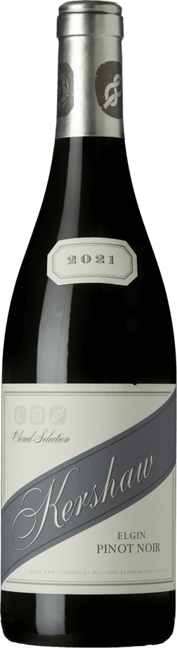 En glasflaska med Kershaw Clonal Selection Elgin Pinot Noir 2021, ett rött vin från Western Cape i Sydafrika