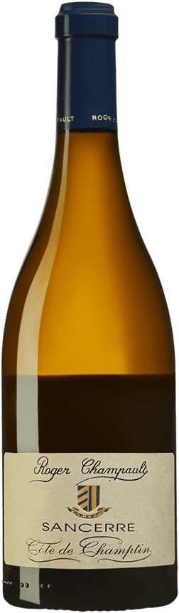 En glasflaska med Sancerre Côte de Champtin Blanc 2022, ett vitt vin från Loiredalen i Frankrike