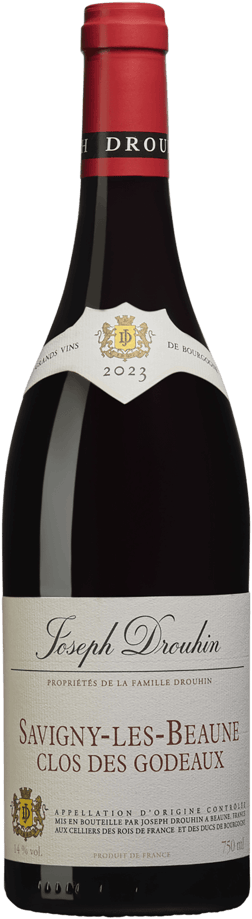 En glasflaska med Joseph Drouhin Savigny-Les-Beaune Clos des Godeaux 2023, ett rött vin från Bourgogne i Frankrike