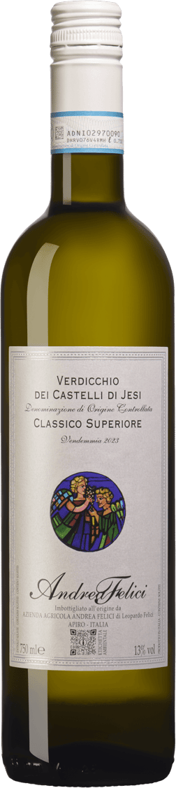 En glasflaska med Andrea Felici Verdicchio dei Castelli di Jesi 2023, ett vitt vin från Marche i Italien