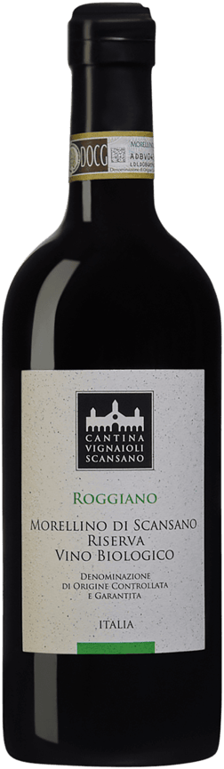 En glasflaska med Cantina Vignaioli Morellino di Scansano Roggiano Riserva 2021, ett rött vin från Toscana i Italien