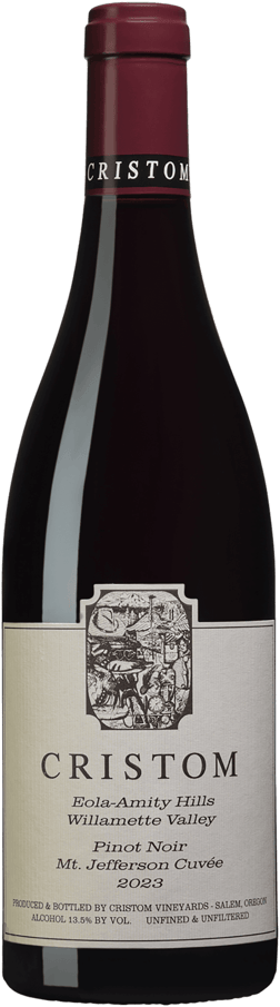 En glasflaska med Cristom Mt Jefferson Cuvée Pinot Noir 2023, ett rött vin från Oregon i USA