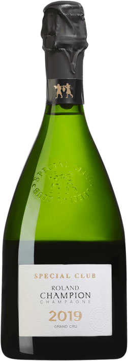 En glasflaska med Roland Champion Special Club Grand Cru 2019, ett champagne från Champagne i Frankrike