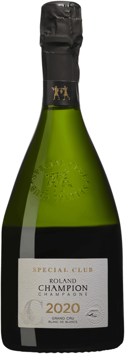 En glasflaska med Roland Champion Special Club Grand Cru 2019, ett champagne från Champagne i Frankrike