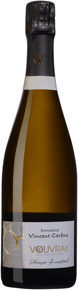 En glasflaska med Vincent Careme Vouvray Plaisir Ancestral 2023, ett mousserande vin från Loiredalen i Frankrike